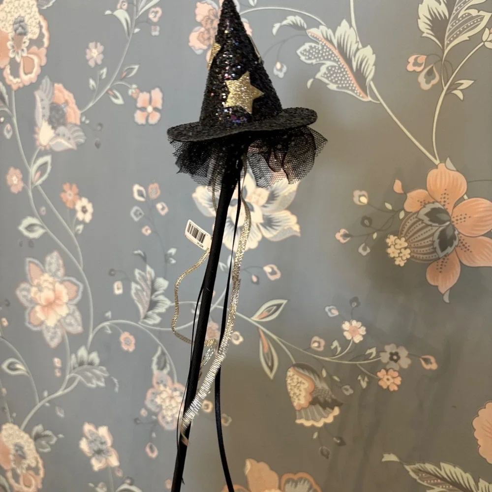 Pink Poppy Witch Hat Wand Black Glitter Stars Tulle Ribbon Halloween Costume NEW